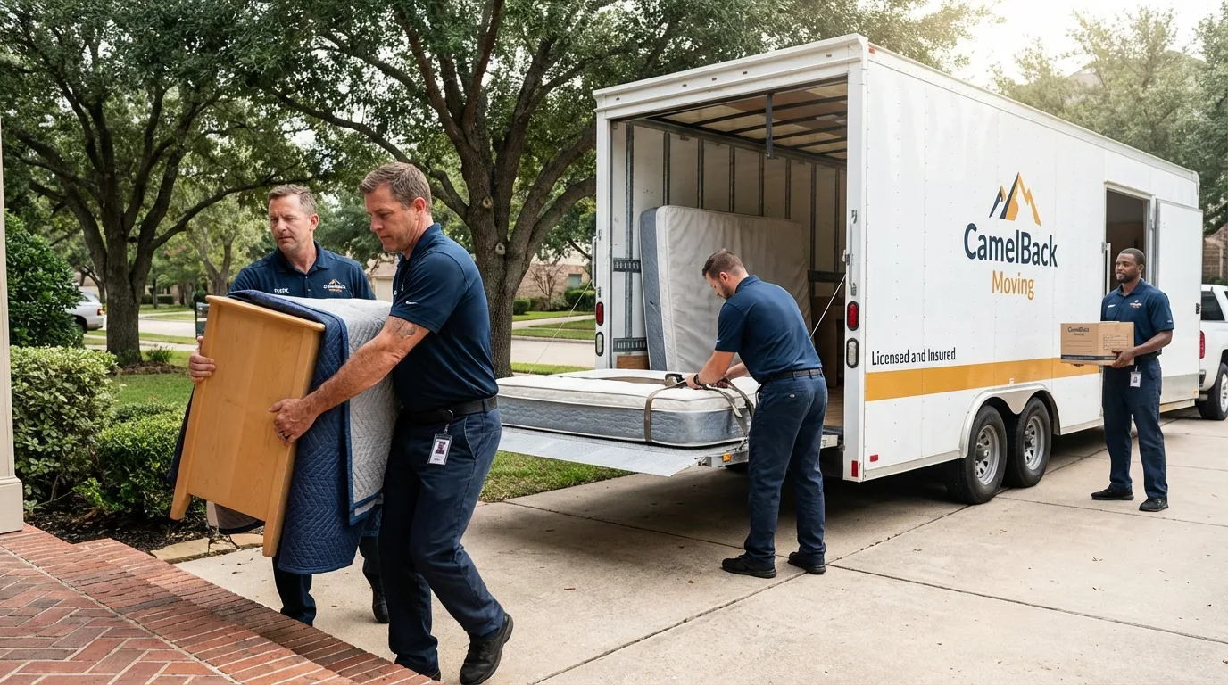 Crew loading residential truck for cross-state move from Longview, TX