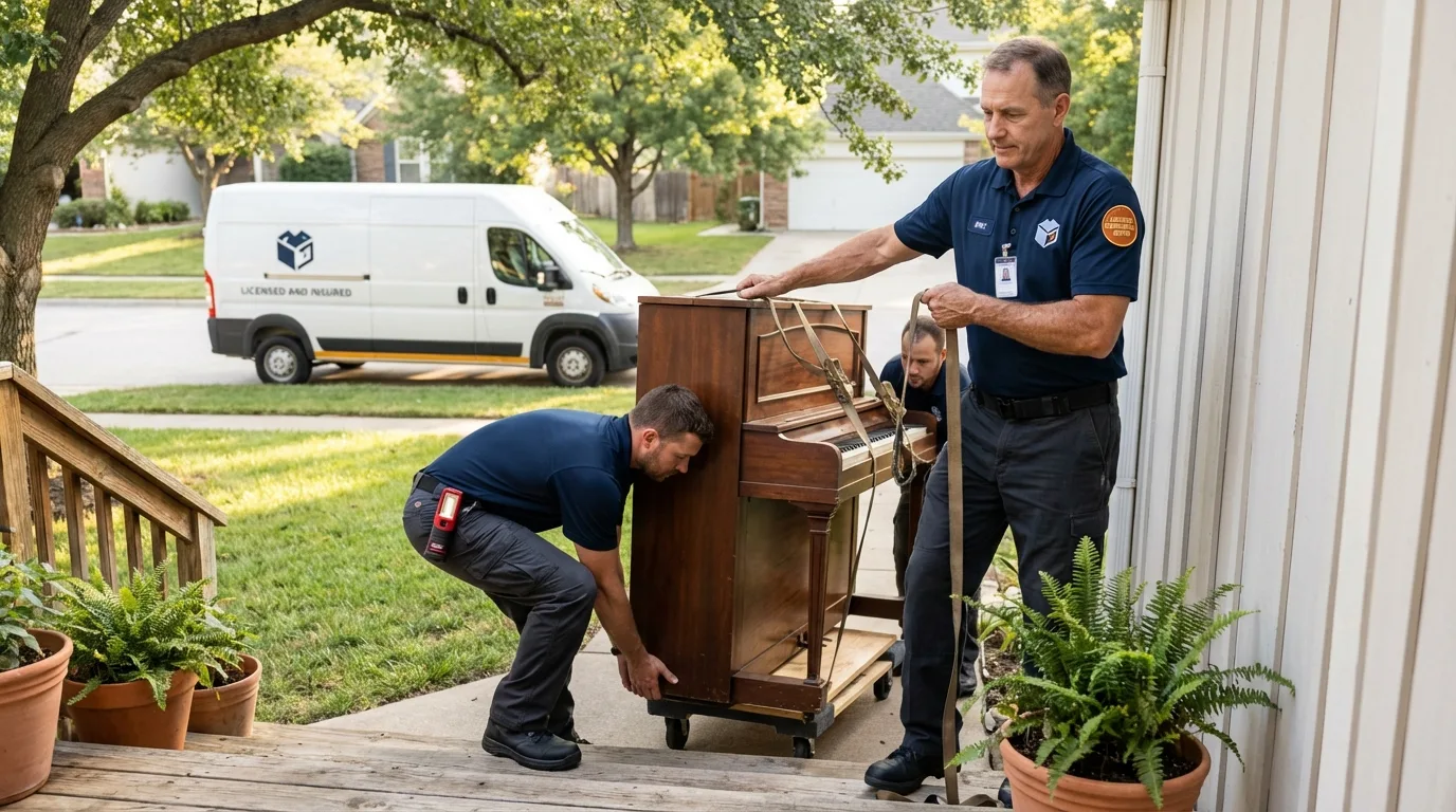 Licensed piano movers securing grand piano in Longview, TX