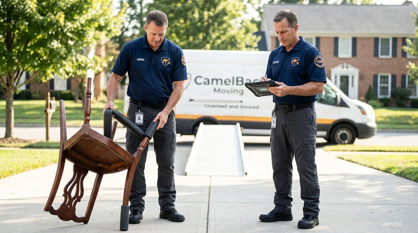 Movers inspecting furniture for damage prevention before loading in Longview, TX